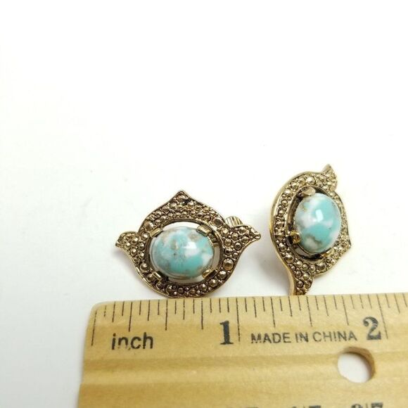 Vintage Sarah Coventry Blue Cabochon Clip On Earrings, Retro 70s Style, Signed - Picture 5 of 7